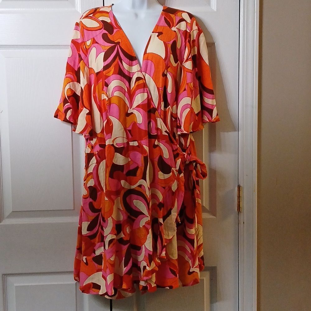 Ava & Viv abstract  brown orange pink wrap romper with pockets  Sz 2X